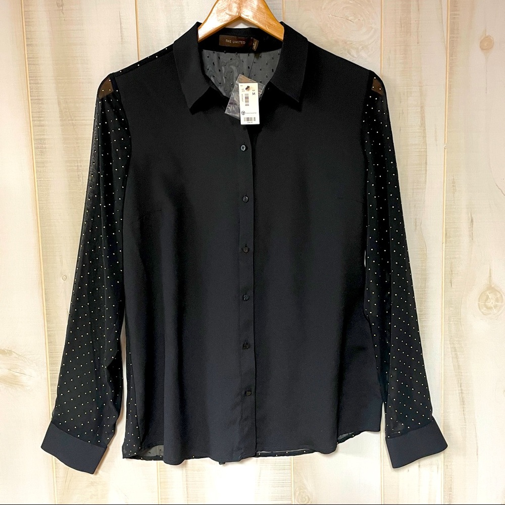 NWT The Limited Sheer Black Button Down Blouse Gold Dots Sz M